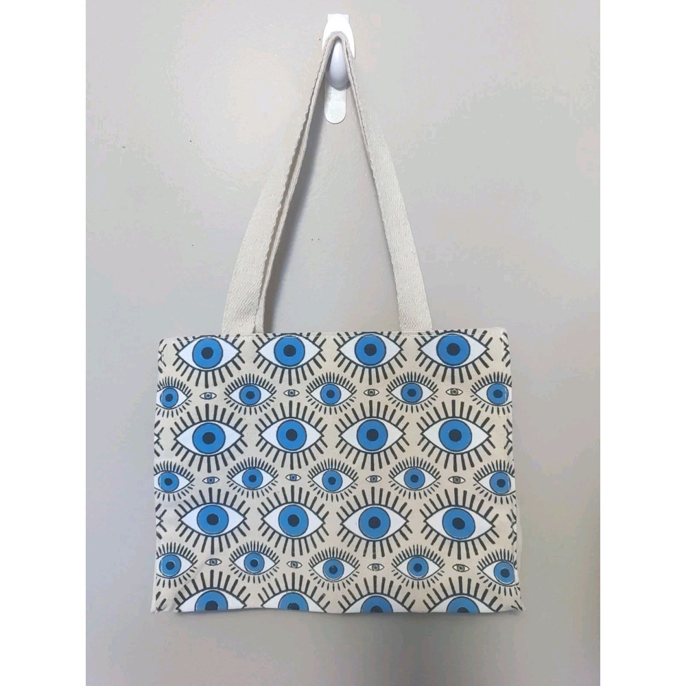 Crete Ivory Blue Evil Eye Woven Small Tote Bag 11 x 8.5 x 4